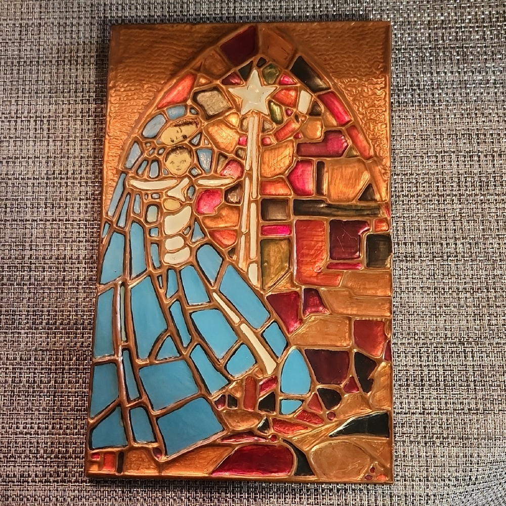 Vintage Hand-Tooled Copper Mother Mary with baby Jesus Wall Art  Hand Painted